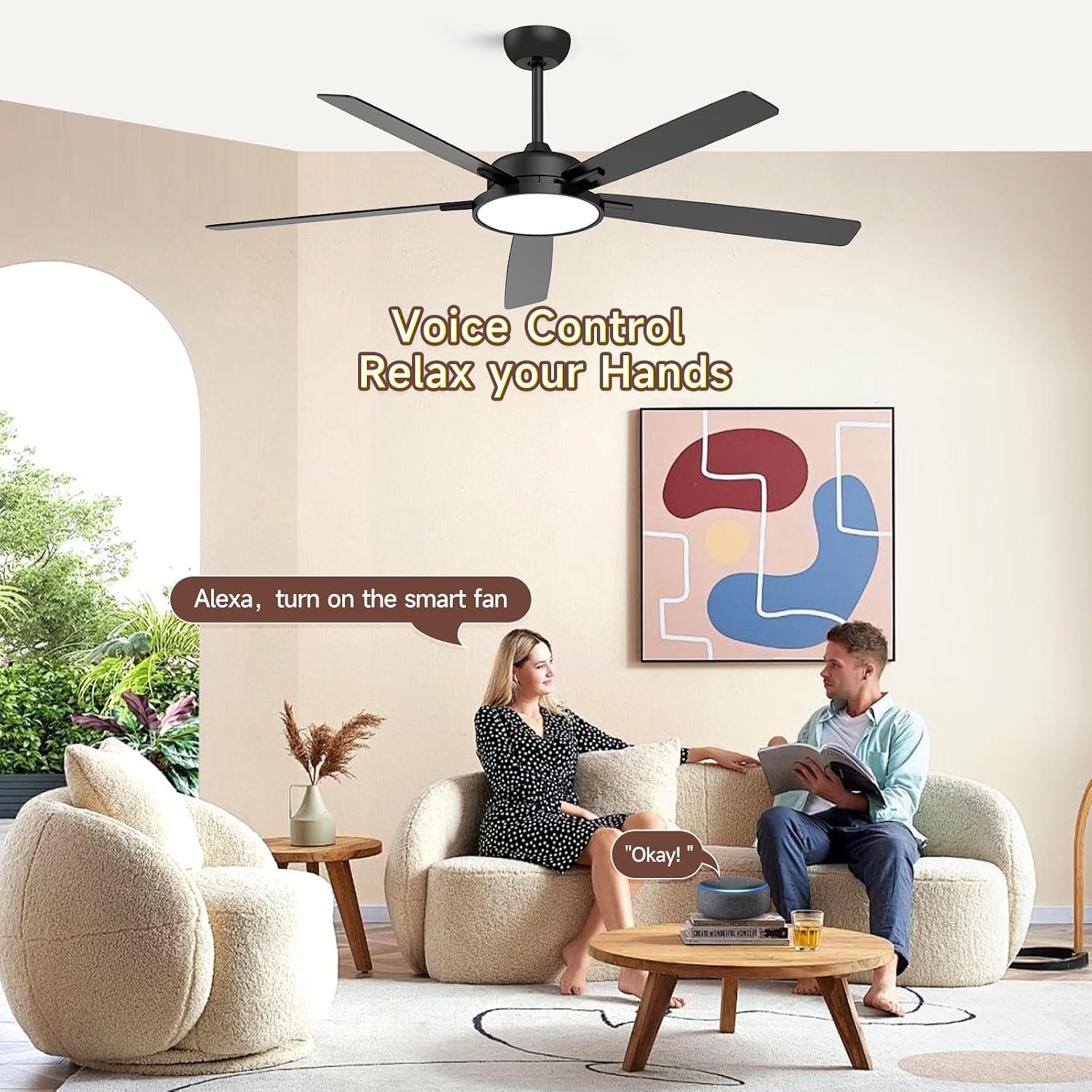 Roomratv Ceiling Fans with Lights,62 Inch Smart Ceiling Fan,Remote and App Control,Dimmable,Reversible,Noiseless, Compatible with Alexa,Google Home,Large Black Modern Ceiling Fan for Indoor/Outdoor