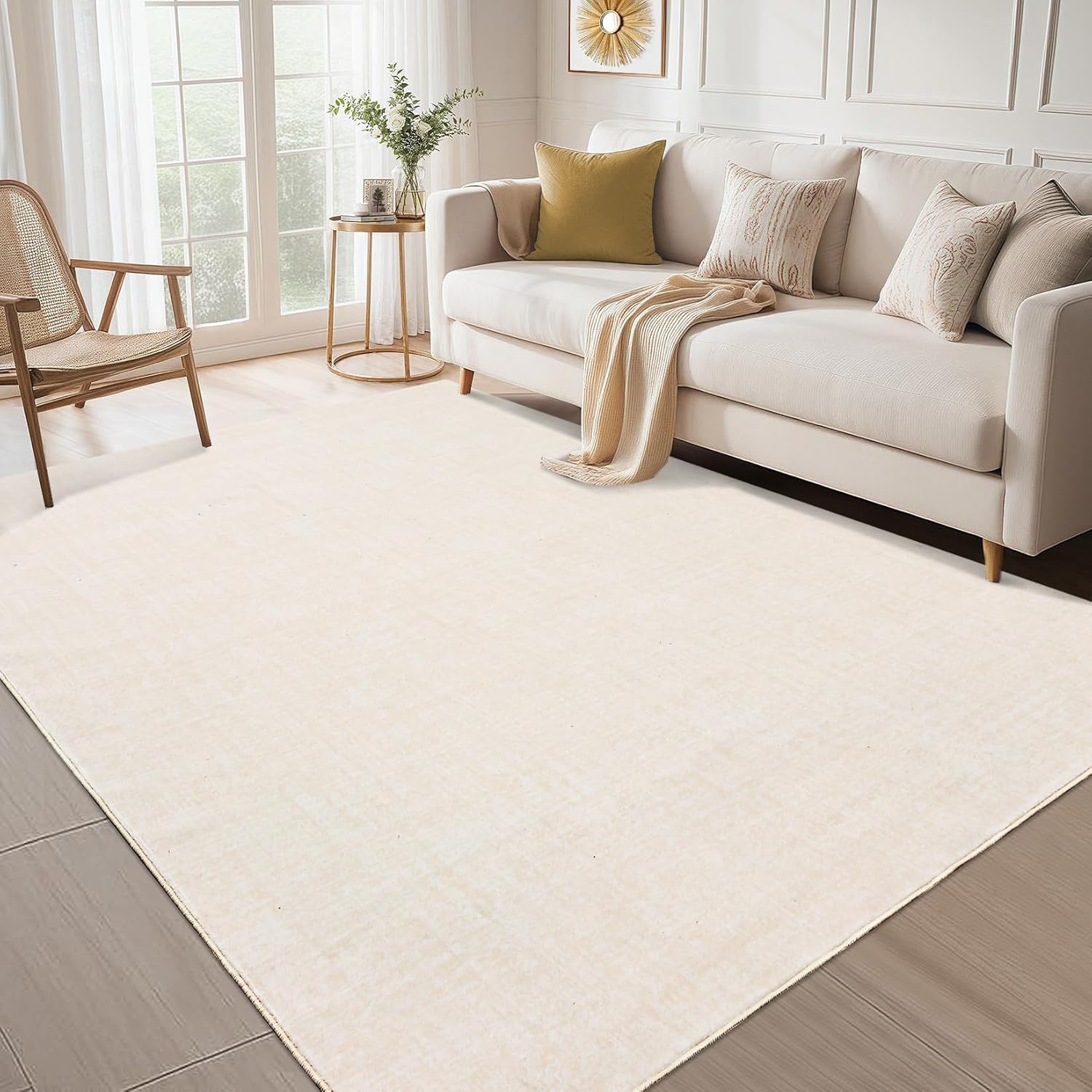 Garvee Solid Washable Rug 9x12 Area Rugs for Living Room Neutral Rugs for Bedroom,Ultra Soft Faux Wool Modern Dining Room Rug,Non Slip&Non-Shedding Low Pile Print Carpet for Home Office,Ivory White
