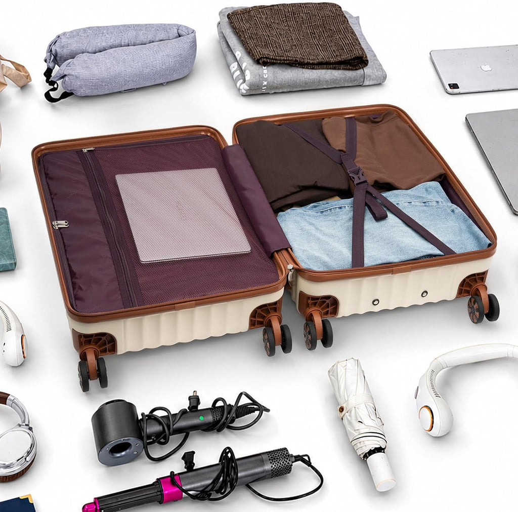 Luggage Sets 5 Piece with TSA Lock Spinner Wheels, Unisex Hard Case ABS Suitcase Set, Hardshell Lightweight Waterproof Travel Hardside Suitcases with Wheels for Women Men,Beige