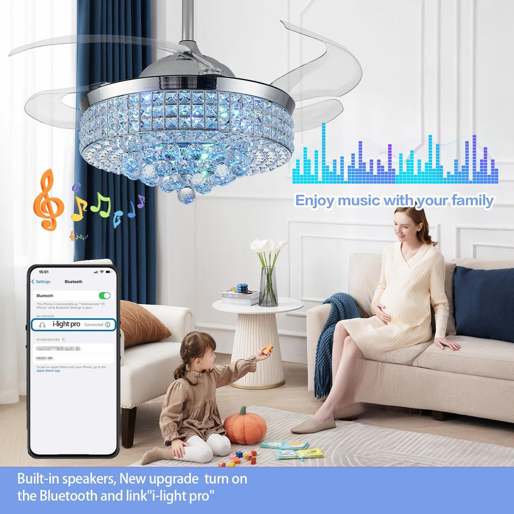 36' Bluetooth Ceiling Fan with Light and Speaker,RGB Retractable Blades Crystal Fandelier Music Player LED Chandelier 6-Speed APP Control Timer Remote Control for Bedroom Silver