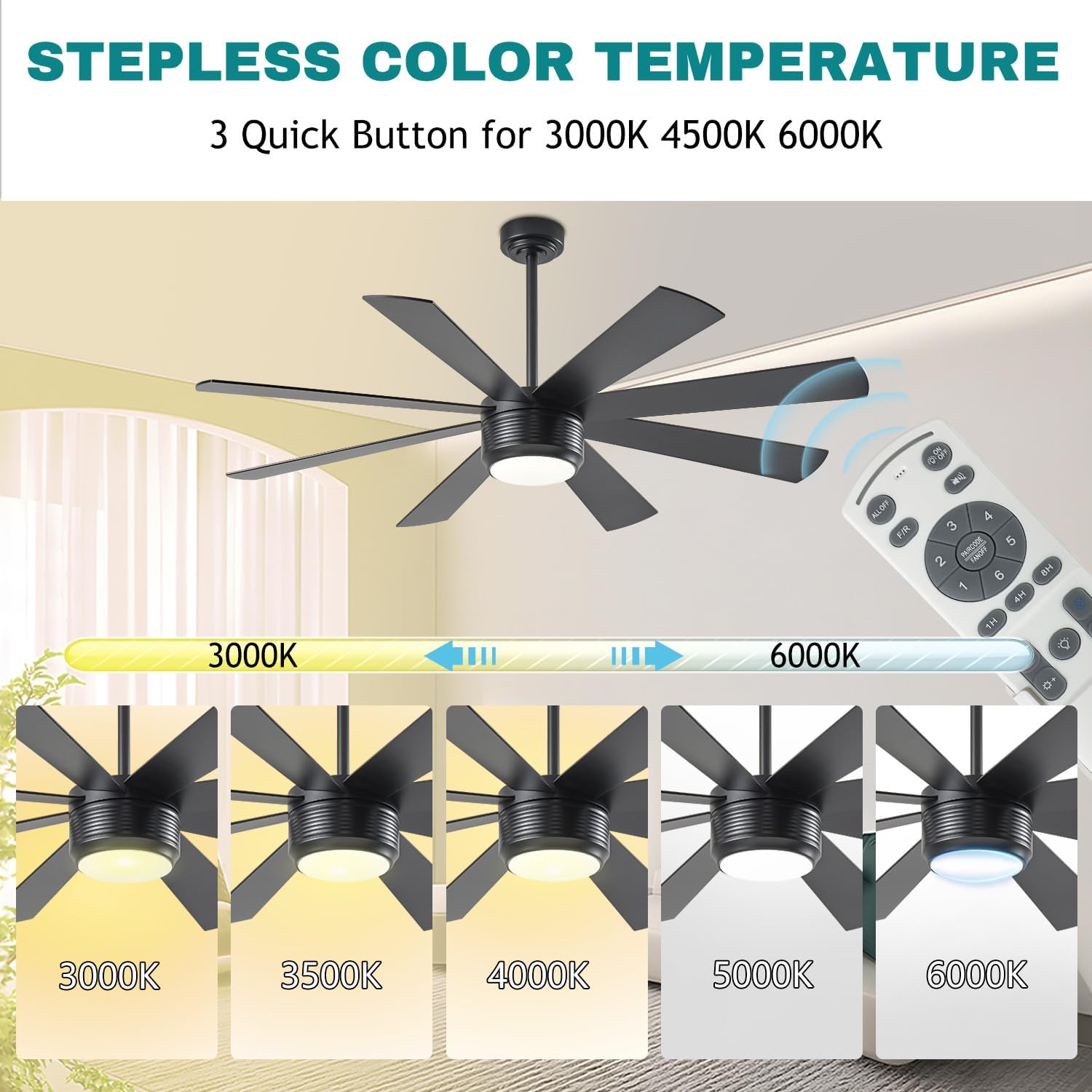 SHOWDI Black Ceiling Fans with Lights and Remote, Quick Installation, 60 in | 2 Blade Color, Metal Material, App Remote Control, Timer, Reversible, 3CCT, Dimmable for Bedroom, Living room, Indoor