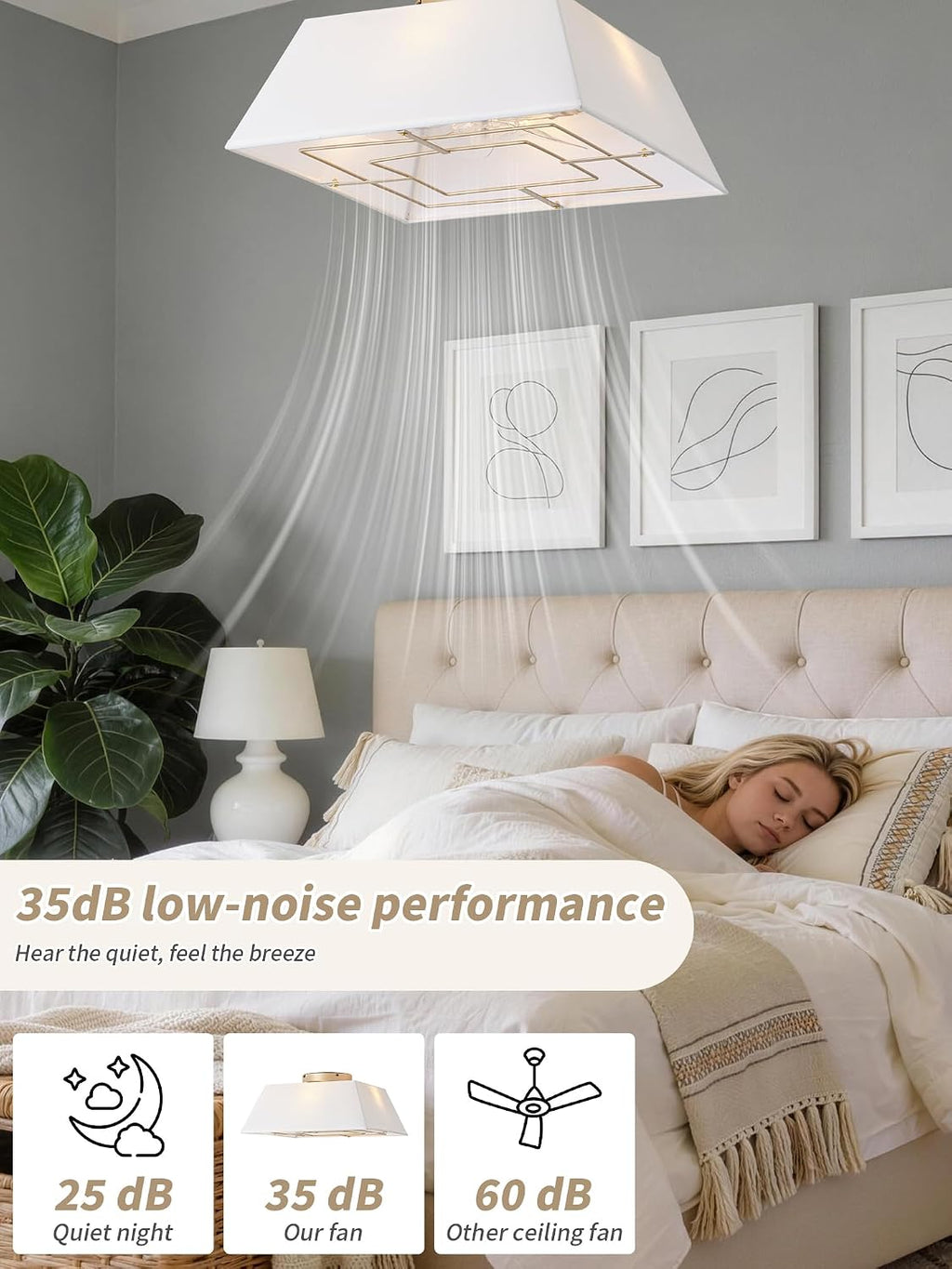 20' Boho Ceiling Fans with Lights Flush Mount, Bladeless Ceiling Fan with Light Remote Control, Square with 6 Speeds for Bedroom, Living Room, Nursery