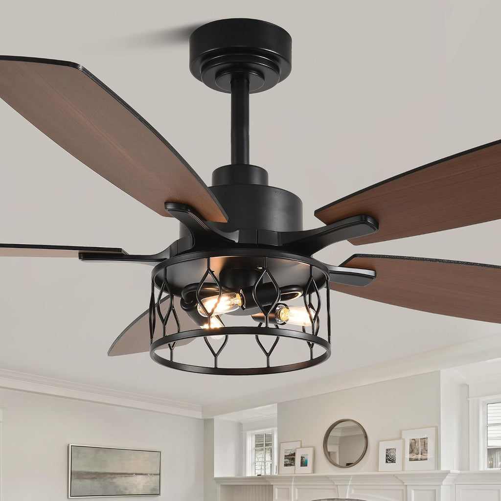 52 Inch Farmhouse Ceiling Fan with Lights Rustic Ceiling Fan Industrial Caged Black Fandelier Chandelier Light for Living Room Indoor Outdoor, Remote Control, Reversible 6 Speeds