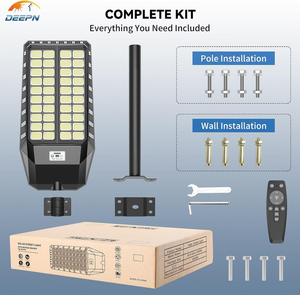 Deepn 10000W Solar Street Lights Outdoor, Commercial Solar Lights with Motion Sensor Outdoor Lighting & Dusk to Dawn Flood Light, IP67 Waterproof LED Lights for Yard, Street, Parking Lot, 2 Pack