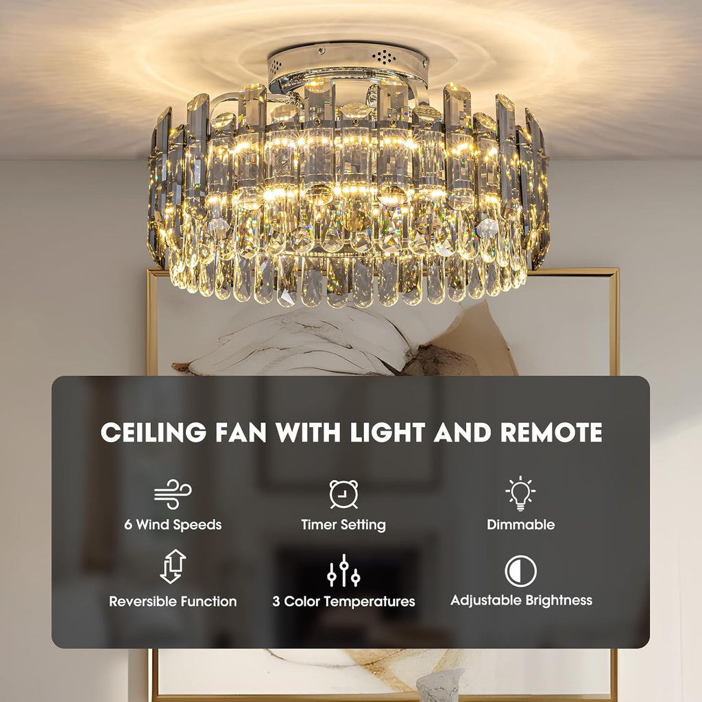 Crystal Ceiling Fan with Lights, Modern Chandelier Ceiling Fan with Remote, 6-Speed Wind, Dimmable LED, 20' Low Profile Ceiling Fan for Bedroom Dining Room Living Room