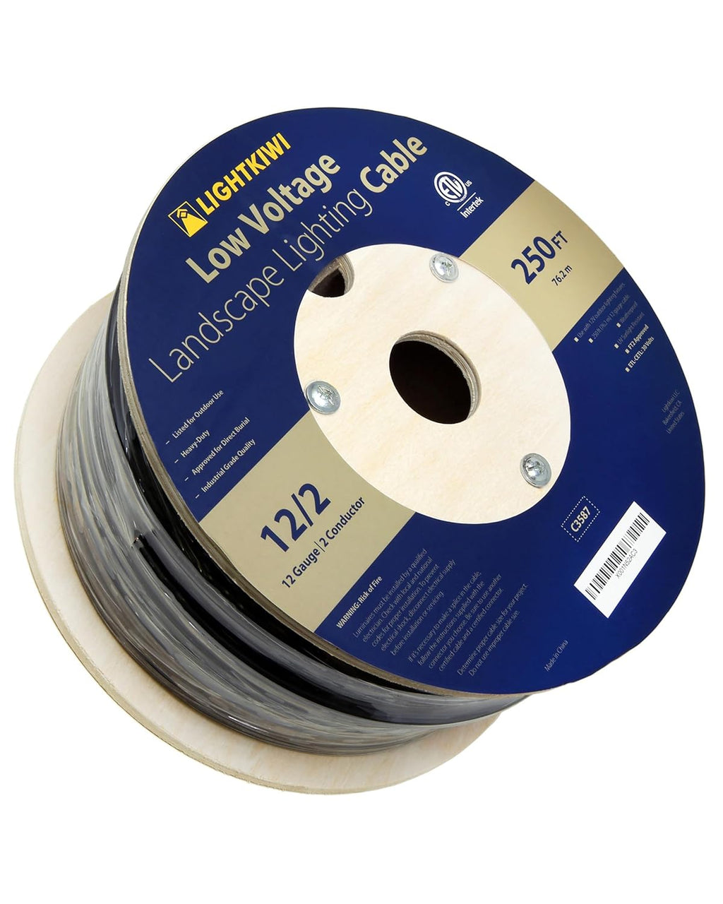 Lightkiwi 12/2 Low Voltage Landscape Lighting Wire - 250 Feet - Copper, Outdoor Direct Burial Wire - Under Ground Stranded Electrical Cable for Spotlight, Pathway Light and LED Lights - ETL Listed