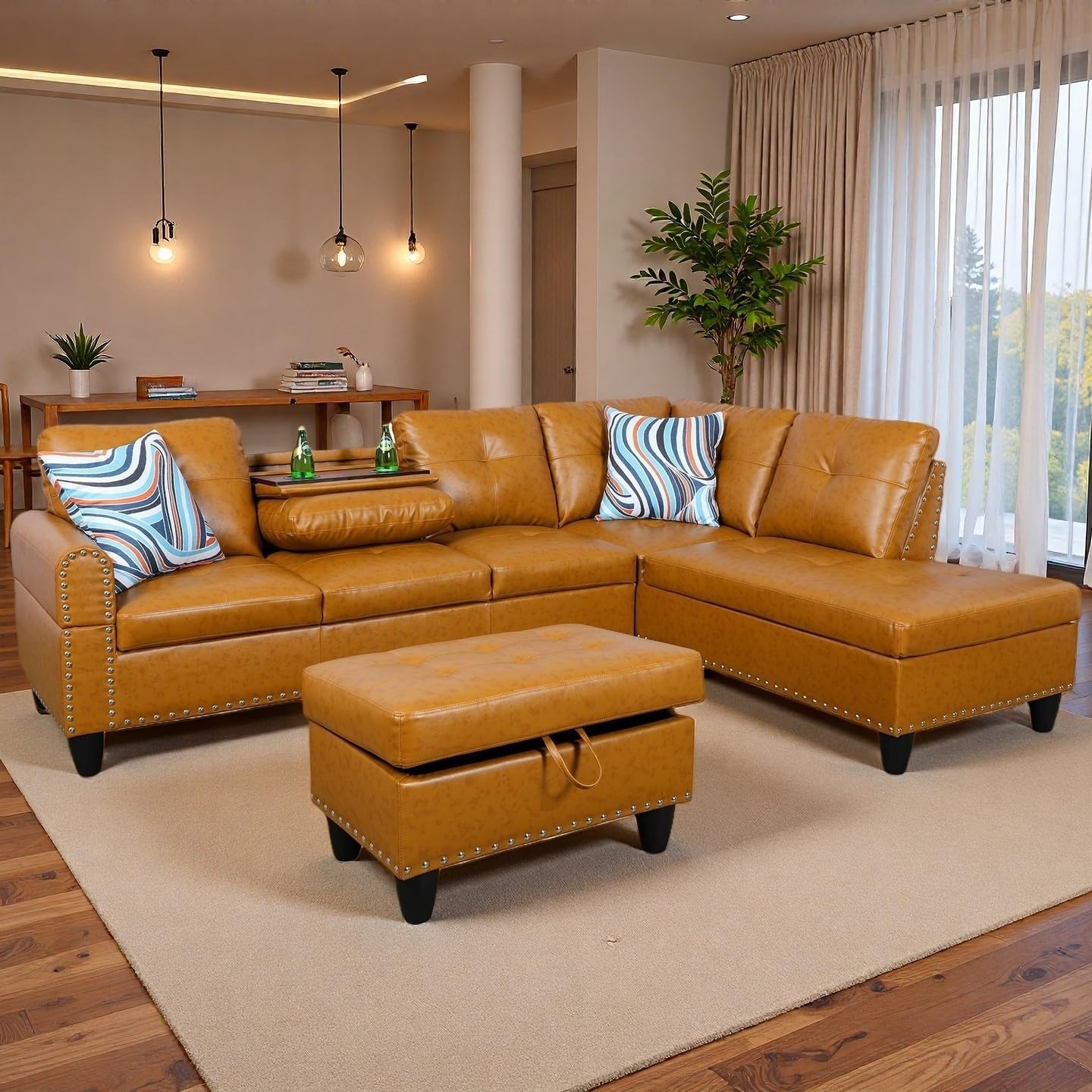 Sectional Couches for Living Room with Movable Chaise & Storage Ottoman - 97.5' Leather L Shaped Couches for Living Room Apartment, Home Modular Sectional Sofas with Cup Holder, Ginger
