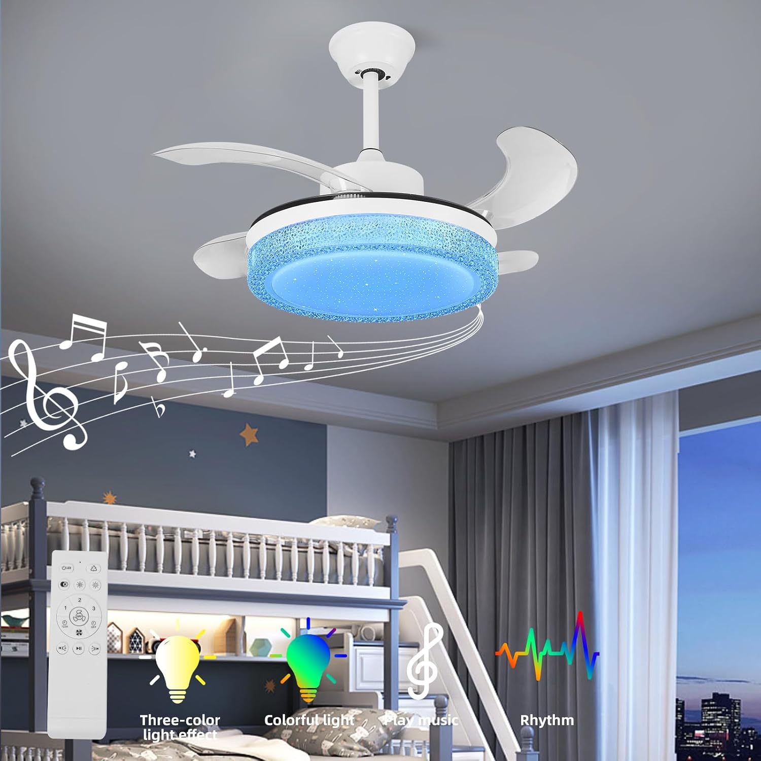 36' Smart Retractable Ceiling Fan with Bluetooth Speaker for Kids Room, RGB Color Changing Crystal Fandelier with App/Voice Control, Works with Alexa & Google Home, Dimmable LED & Quiet Motor