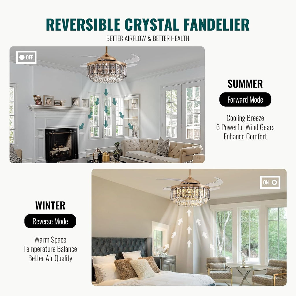 Siljoy 52'' Crystal Ceiling Fans with Lights and Remote, Modern Rose Gold Crystal Chandelier with Fan, 6 Speeds, Luxury Dimmable Fandelier for Living Room Dining Room Bedroom Nursery