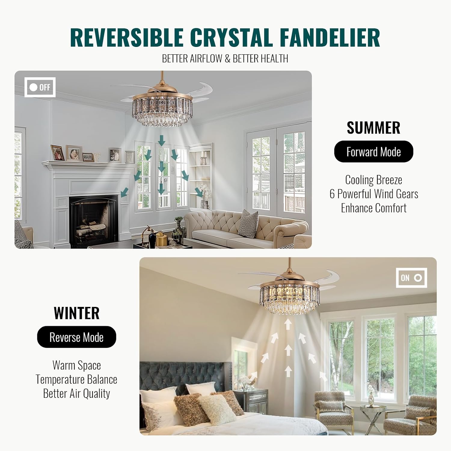 Siljoy 52'' Crystal Ceiling Fans with Lights and Remote, Modern Rose Gold Crystal Chandelier with Fan, 6 Speeds, Luxury Dimmable Fandelier for Living Room Dining Room Bedroom Nursery