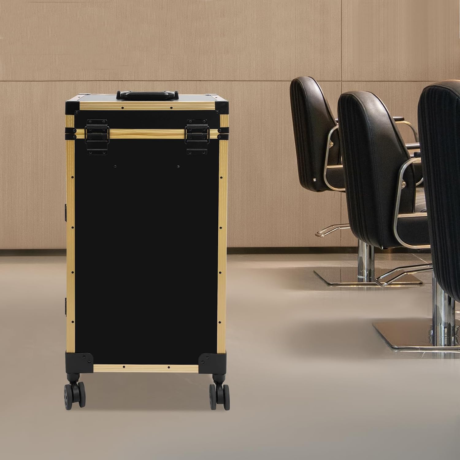 Professional Rolling Makeup Case, Foldable Nail Tables with Detachable Lighted Mirror, Travel Cosmetic Trolley Storage Organizer with Drawers & Bluetooth Speaker, Manicure for Artist (Black, Gold)