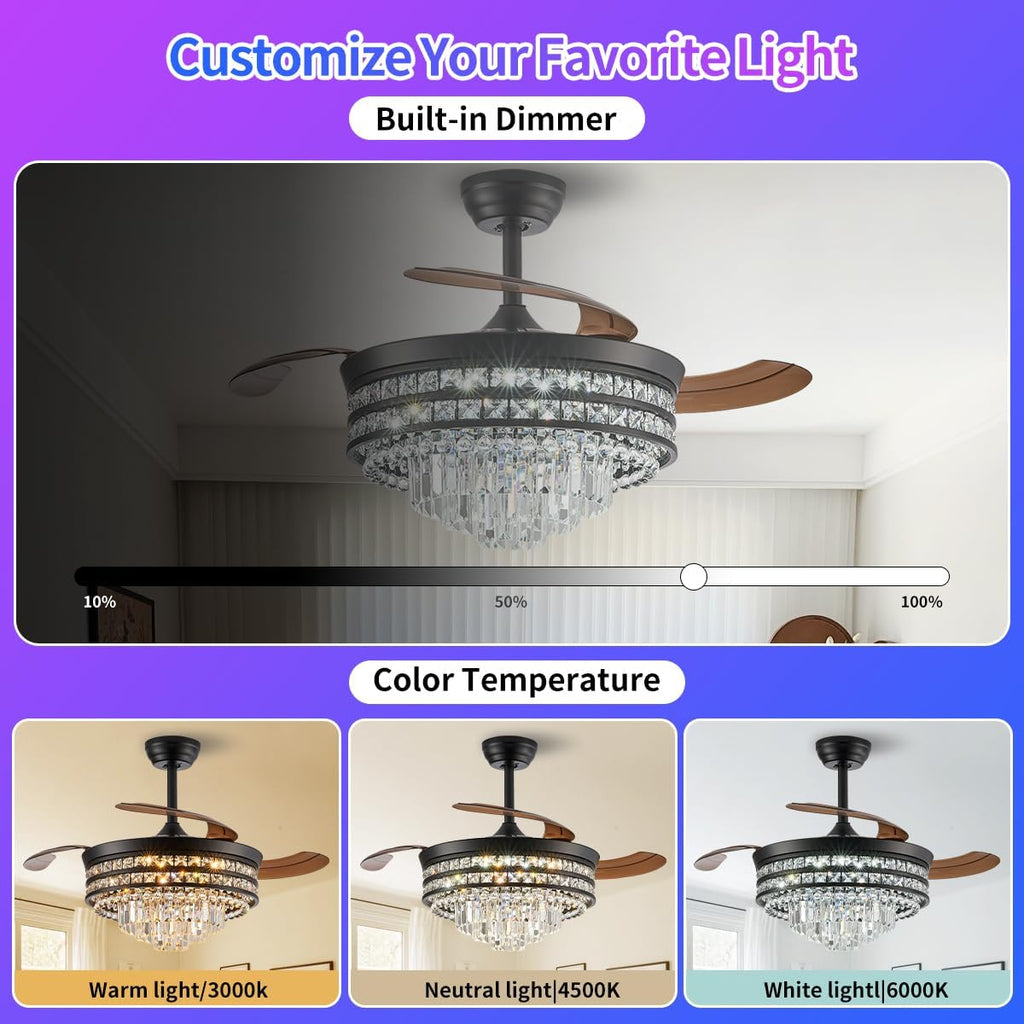 RGB Retractable Fandelier Ceiling Fans with Light and Remote/App, 42' Modern Crystal LED Chandelier Fan, Bladeless Lighting & Ceiling Fans Bedroom, Kitchen | Ventilador de Techo Con Luz, Black