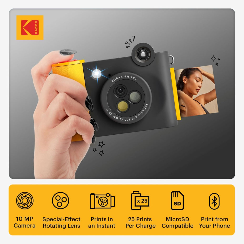 KODAK Smile+ 2-in-1 Digital Instant Print Camera & Photo Printer Gift Bundle + Case + Zink 20pk 2x3 Sticky Back Photo Paper + Album + Sticker Sets + Sticker Frames + Hanging Frames + Markers - Black