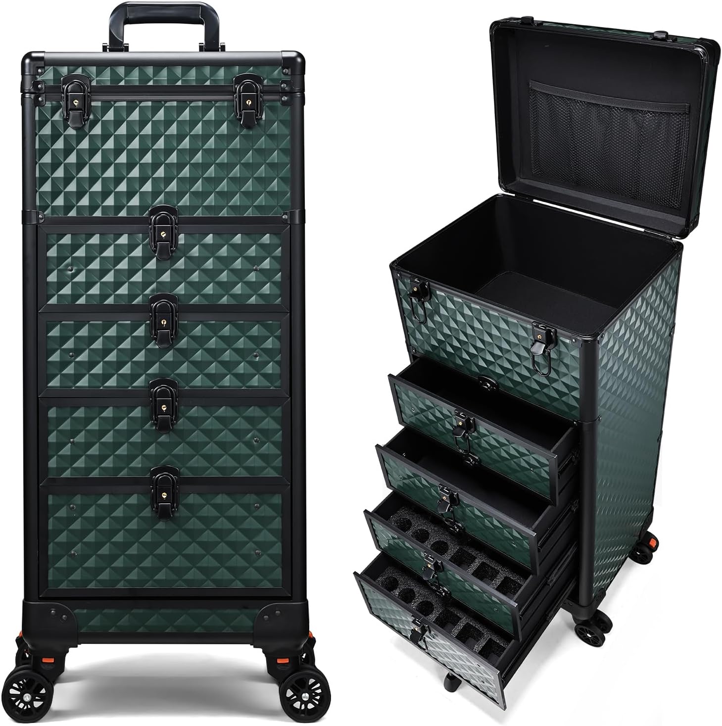 Yueieoun Nail Salon Cart with 4 Drawers,Rolling Makeup Train Case for Beauty,Cosmetology Case on Wheels Trolley Cart,Lockable Organizer Travel Case for Manicure/Face Painting/Hairstylist,DARK GREEN