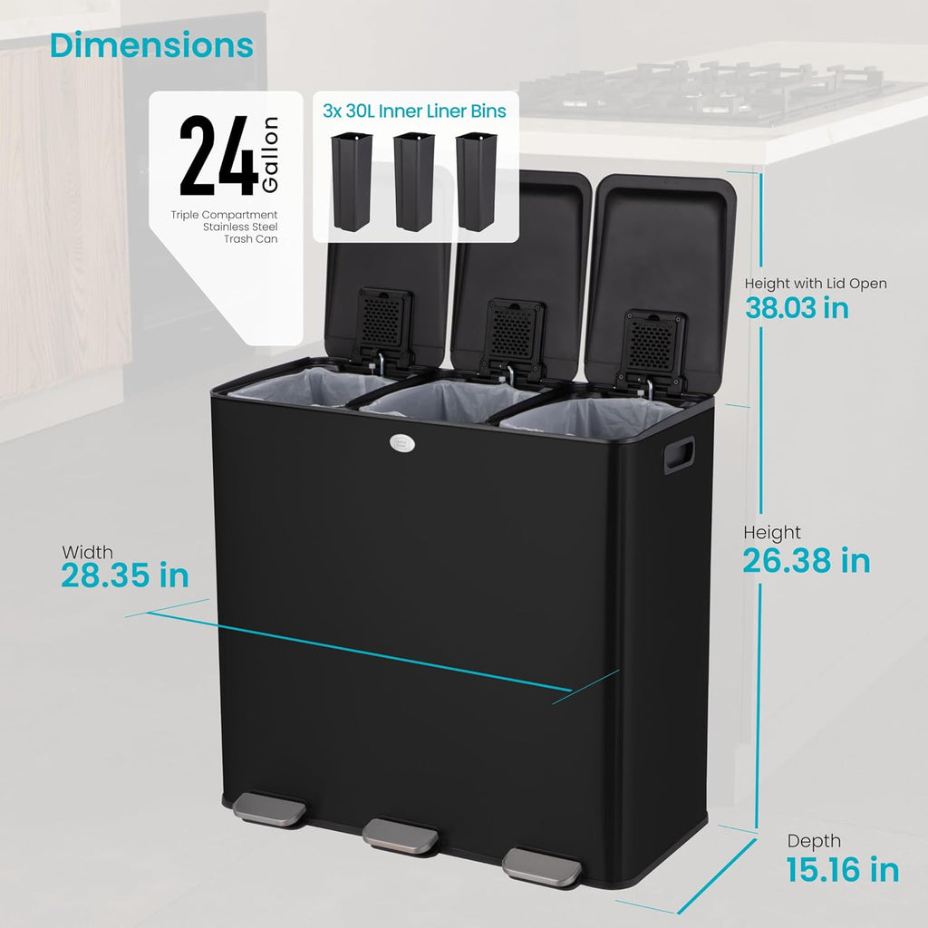 Home Zone Living 24 Gallon Large Kitchen Trash Can with Three Compartments | Stainless Steel with Soft-Close Step Pedal Lids for Recycling, Rectangular Shape, Black
