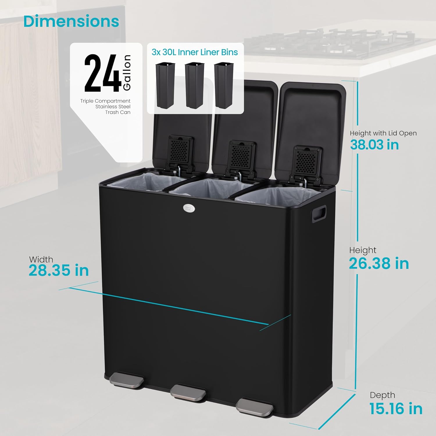 Home Zone Living 24 Gallon Large Kitchen Trash Can with Three Compartments | Stainless Steel with Soft-Close Step Pedal Lids for Recycling, Rectangular Shape, Black