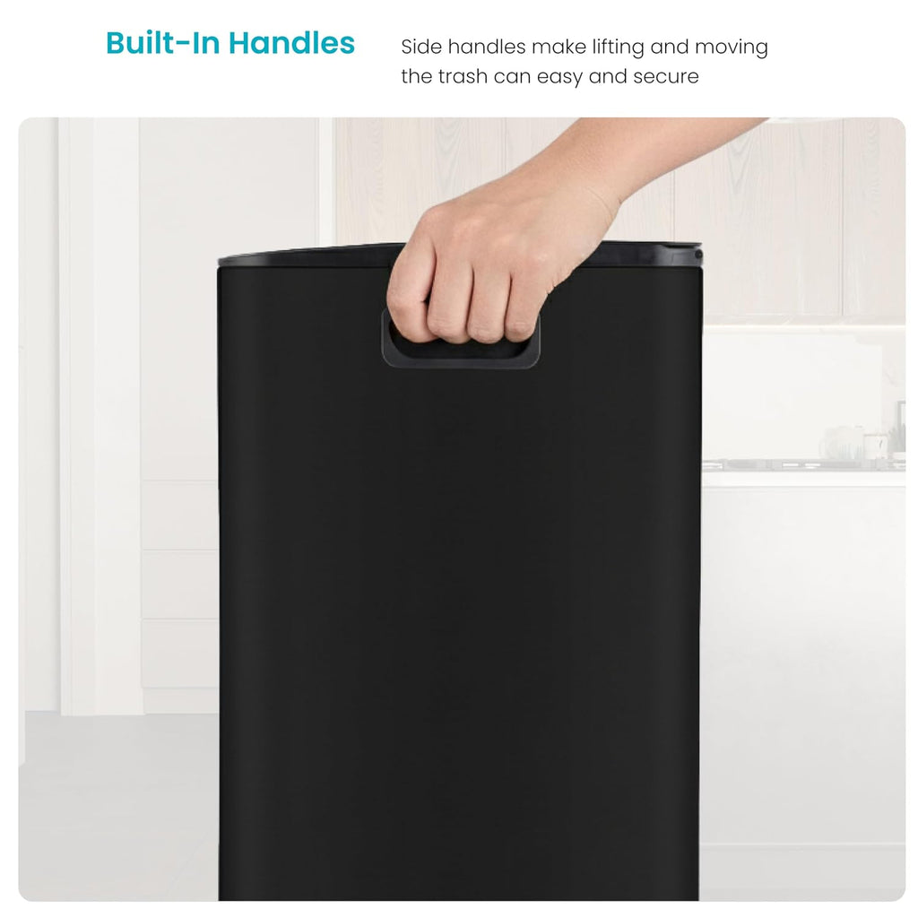 Home Zone Living 24 Gallon Large Kitchen Trash Can with Three Compartments | Stainless Steel with Soft-Close Step Pedal Lids for Recycling, Rectangular Shape, Black