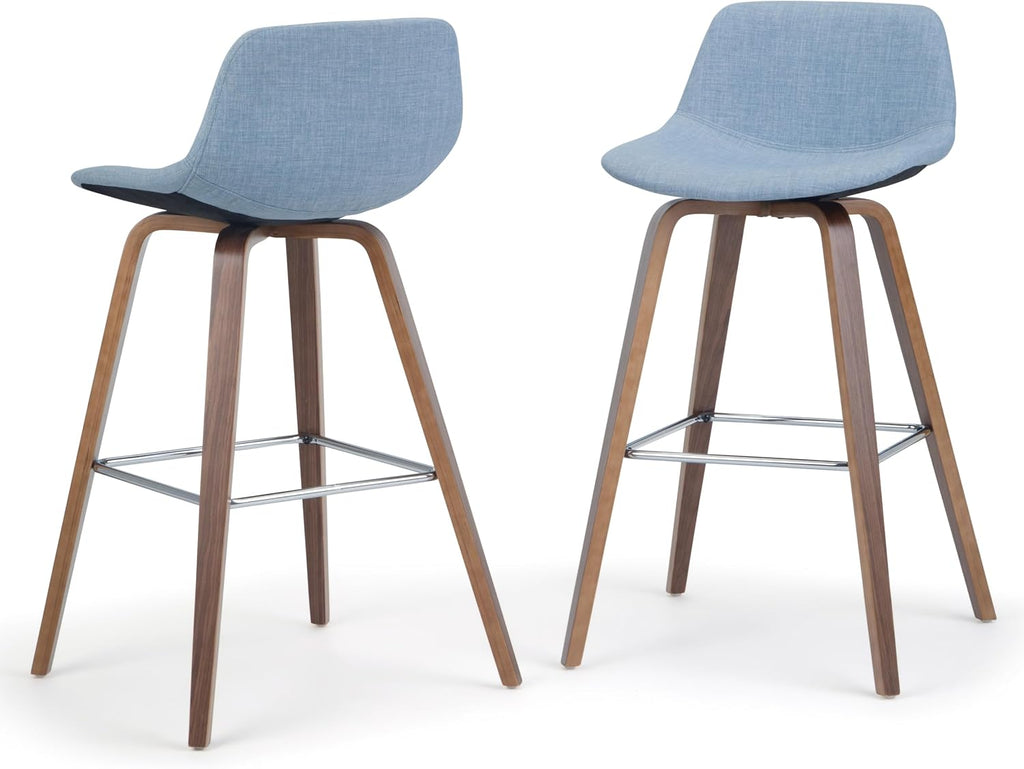 SIMPLIHOME Randolph Mid Century Modern 28 inch Bentwood Counter/ Bar Height Stool (Set of 2) in Denim Grey Linen Look Fabric for the Dining Room and Kitchen