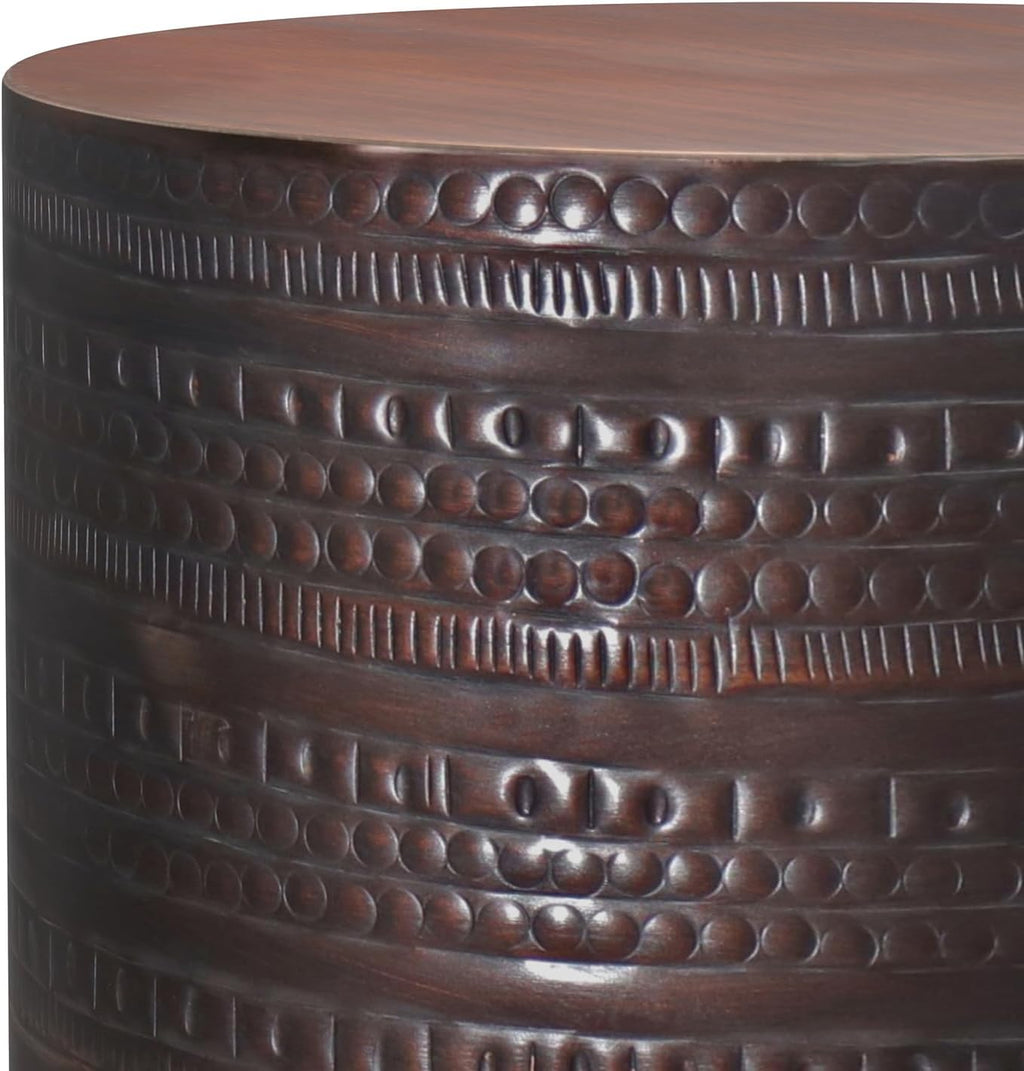 SIMPLIHOME Johnsen Metal Table - 15' Wide x 20' High Solid Iron Drum Accent Table in Oil Rubbed Bronze with Tribal Pattern, Round Boho End Table for Living Room or Home Office, Fully Assembled