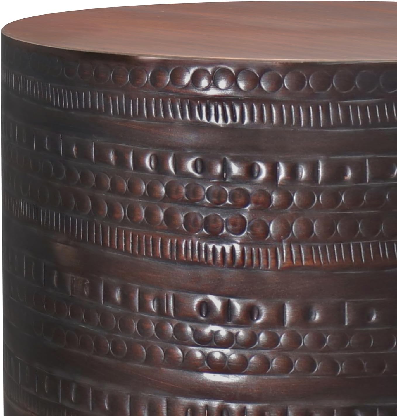 SIMPLIHOME Johnsen Metal Table - 15' Wide x 20' High Solid Iron Drum Accent Table in Oil Rubbed Bronze with Tribal Pattern, Round Boho End Table for Living Room or Home Office, Fully Assembled