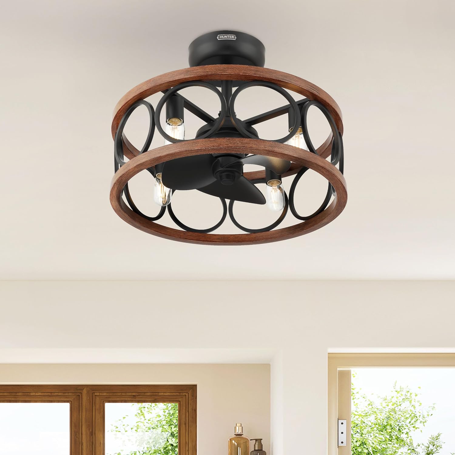 Hunter Haven 22 inch Indoor Fandelier Caged Ceiling Fan with Light and Remote, Matte Black Ceiling Fan with Wood Accents, Industrial Farmhouse Style for Bedrooms, Living Rooms, and Home Offices, 50105