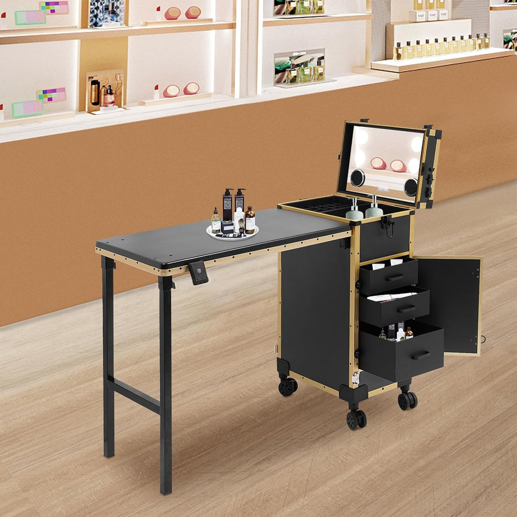 Portable Manicure Table, 1 Compartment+3 Drawers Rolling Lockable Makeup Train Case with Mirror & Light, Speaker and Power Interfaces, Foldable Nail Desk Nail Polish Organizer for Nail Tech Salon Use