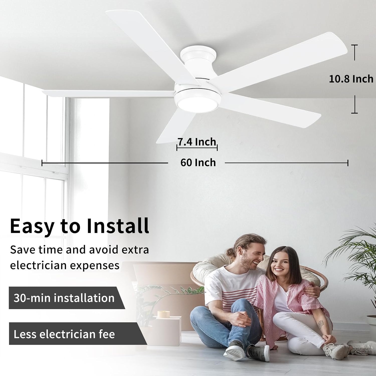 POCHFAN 60 Inch White Ceiling Fans with Lights and Remote, LED Low Profile Flush Mount Ceiling Fan for Bedroom, Living Room, Quiet DC Motor, Dimmable 6 Speeds