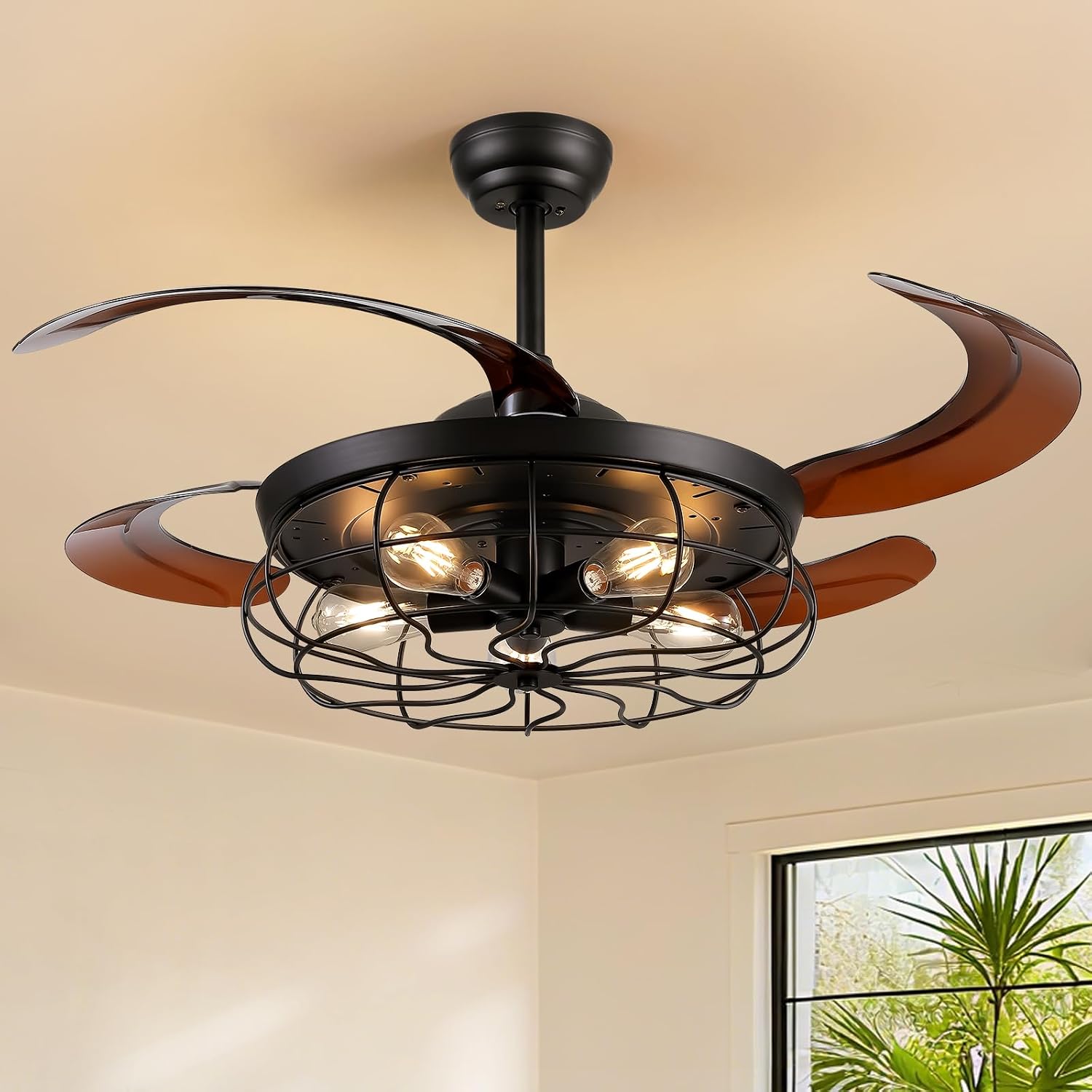 48' Industrial Caged Ceiling Fan with Light and Remote, Vintage Retractable Blades Ceiling Fan with Lights, Farmhouse Black Fandelier for Bedroom Living Room Dining Room