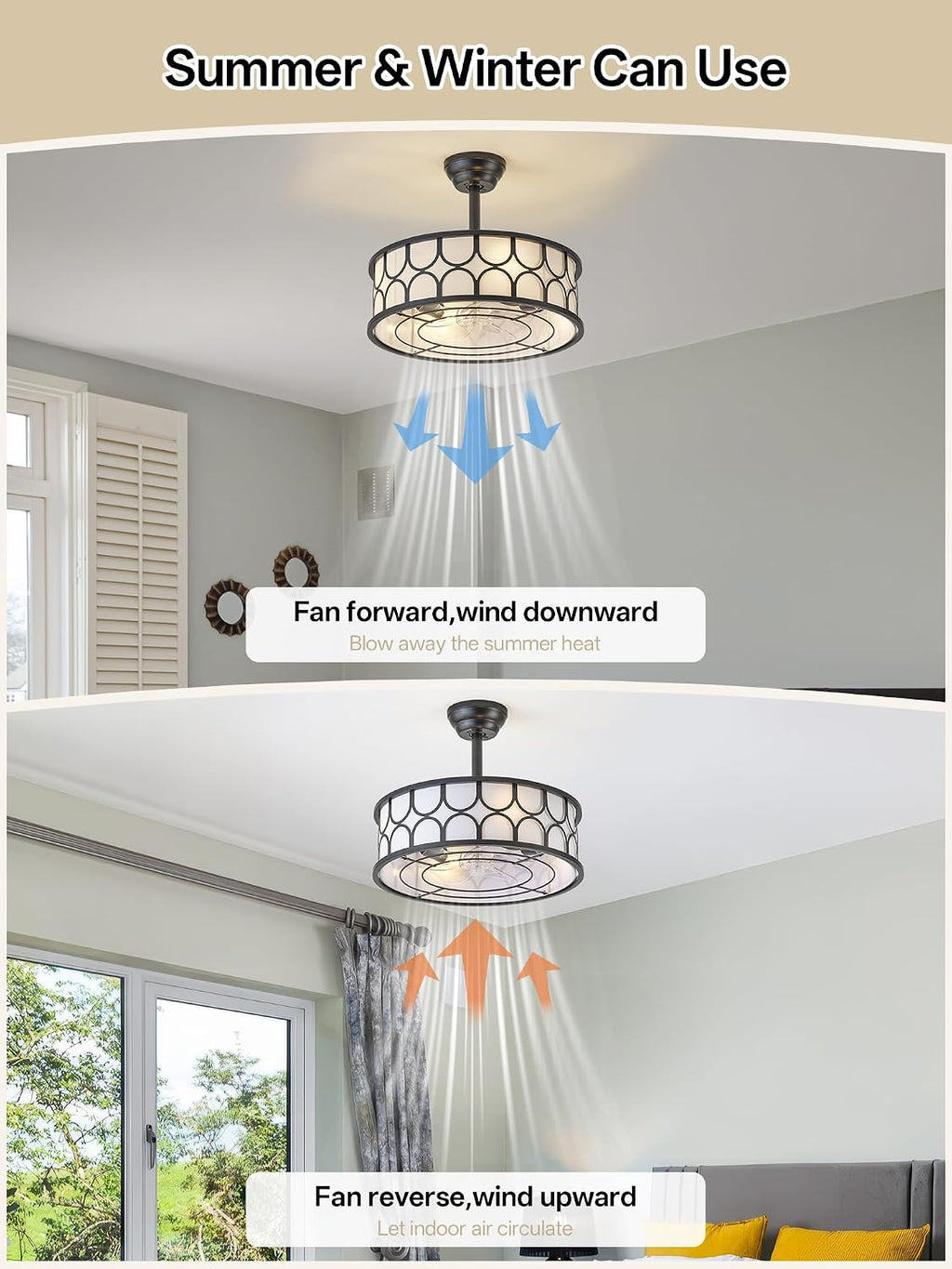 20' Black Boho Fandelier Ceiling Fan with Lights, Caged Bladeless Ceiling Fan with Light Remote Control, Chandelier with 6 Speeds for Bedroom, Nursery, Living Room