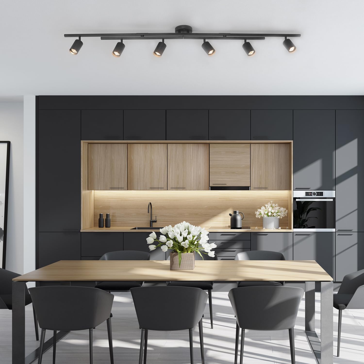 Globe Electric 59463 6-Light Track Lighting, Matte Black Finish, Center Swivel Bars, Adjustable Heads, Dimmable, GU10 Base, Modern Industrial Design