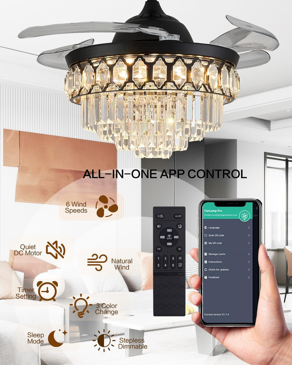 42' Dimmable Black Fandelier Crystal LED Ceiling Fans with Lights and Remote Modern Retractable Blade Ceiling Lighting Fan for Bedroom Dinning Room Living Room