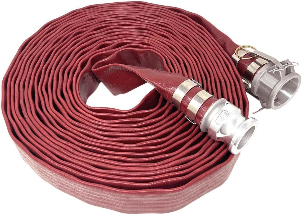 Gloxco 1-1/2' x 50′ Red Heavy Duty Lay Flat PVC Discharge Hose Assembly with Aluminum Cam and Groove C and E Fittings