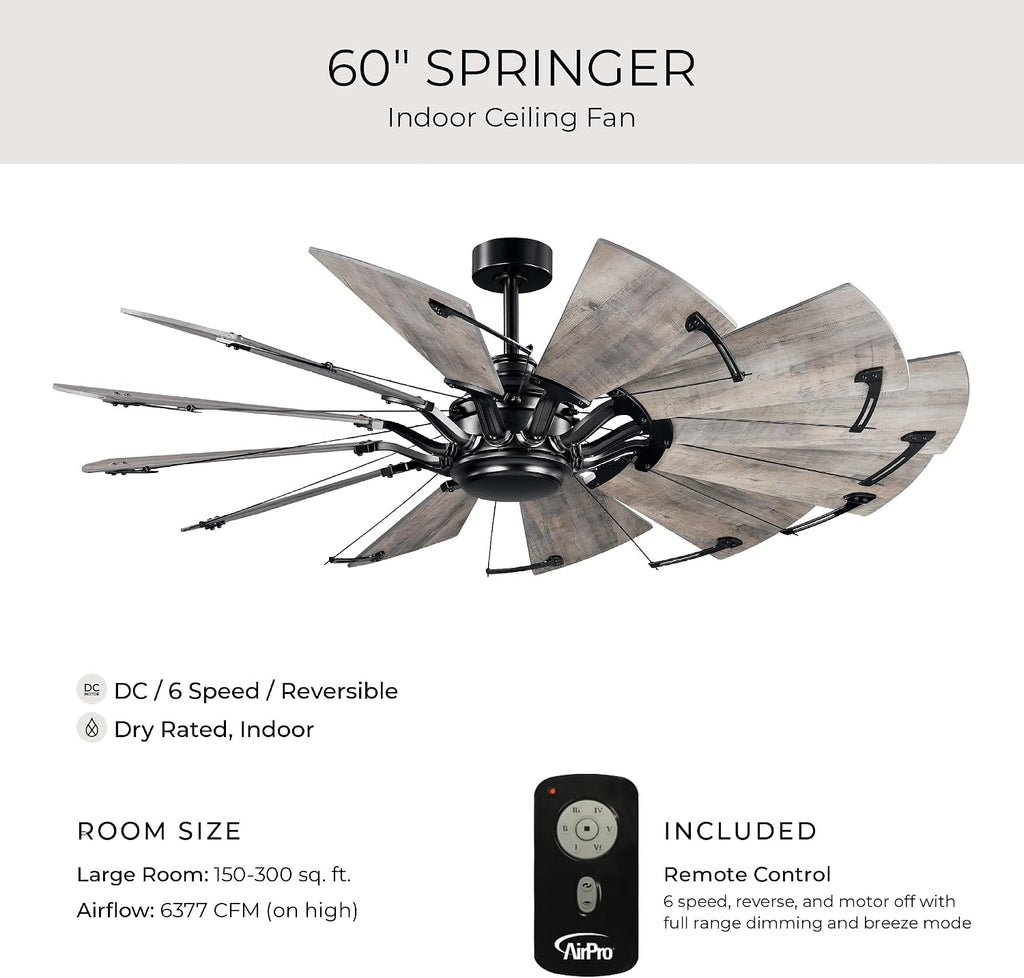 Progress Lighting Springer Collection DC Motor Farmhouse Windmill Ceiling Fan, Matte Black, 12-Blade (60' W x 17-3/8' H) P250000-31M