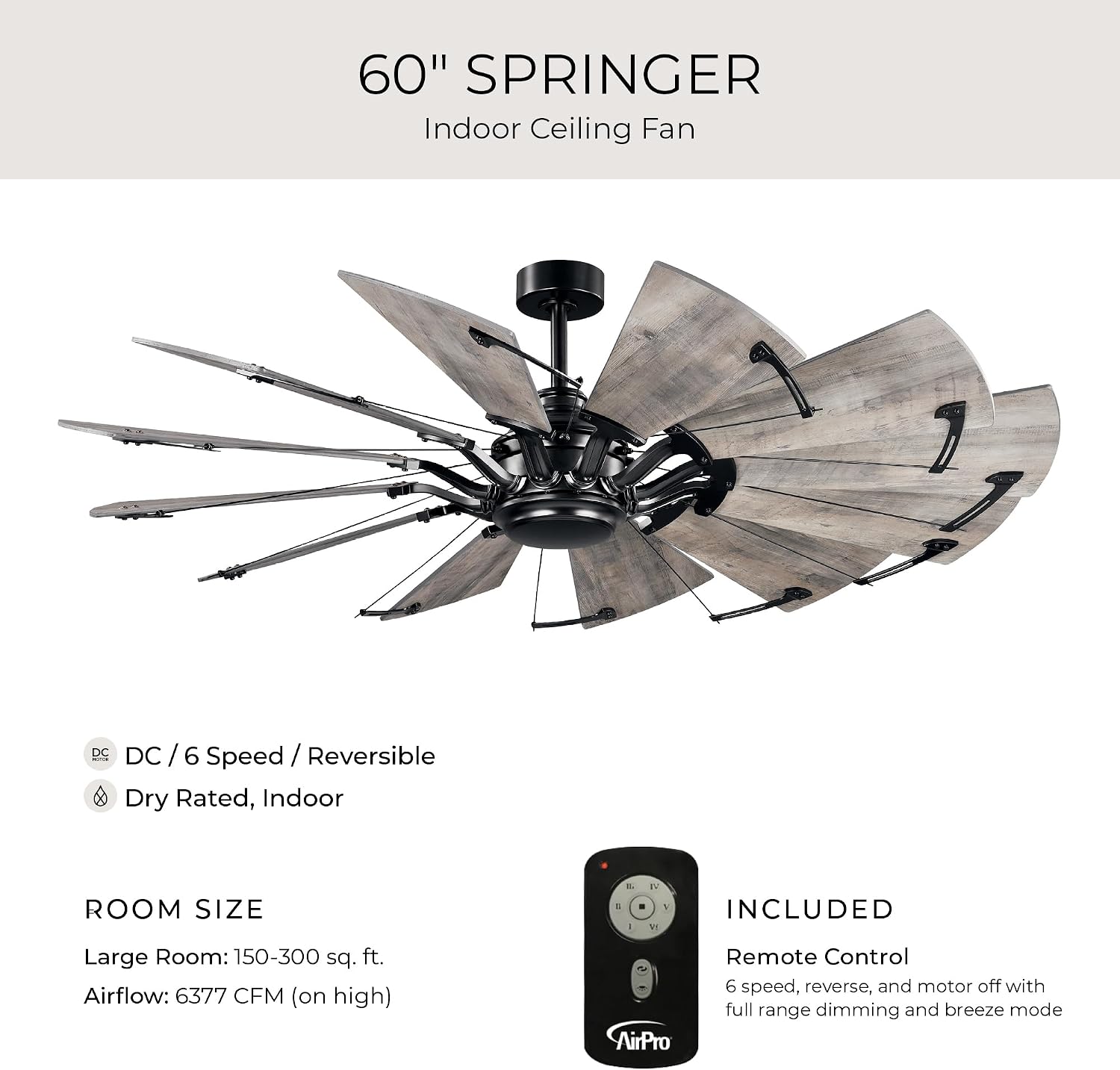 Progress Lighting Springer Collection DC Motor Farmhouse Windmill Ceiling Fan, Matte Black, 12-Blade (60' W x 17-3/8' H) P250000-31M