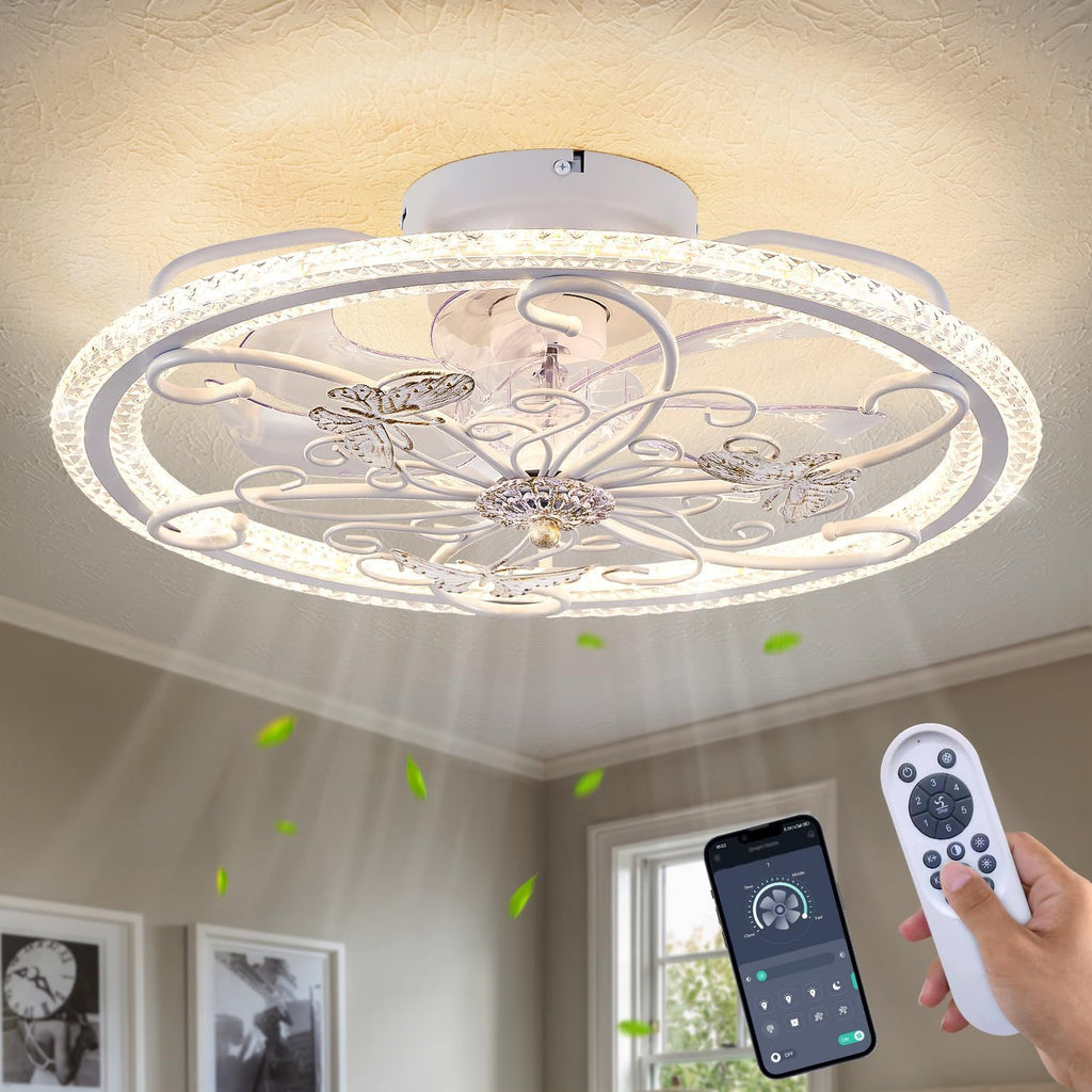 20' White Ceiling Fan with Lights Remote Control, 6 Speeds Retro Industrial Caged Ceiling Fan with Light for Kitchen Bedroom Living Room