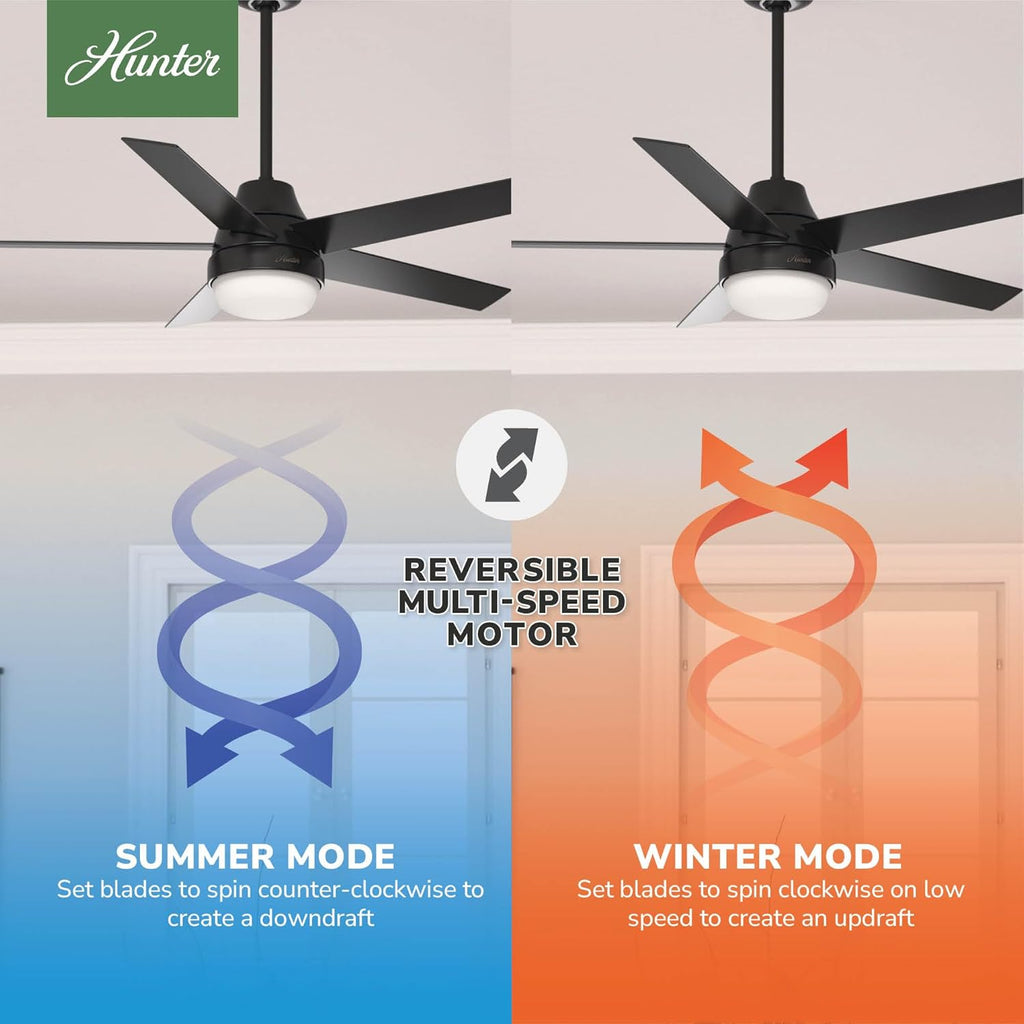 Hunter Fan 52 inch Contemporary Matte Black Indoor Ceiling Fan with Light Kit and Remote Control (Renewed)