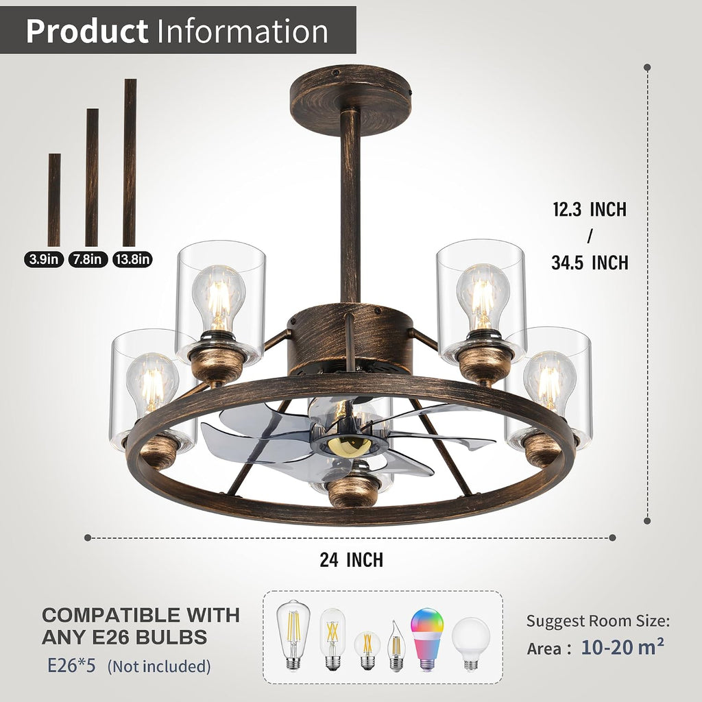 24' Ceiling Fans with Lights Wagon Wheel Chandelier, Farmhouse Fandelier Classical Black Fans with Glass Lampshade Light Fixture, 6 Speed, Timing, Adjustable Height for Dining Room Living Room