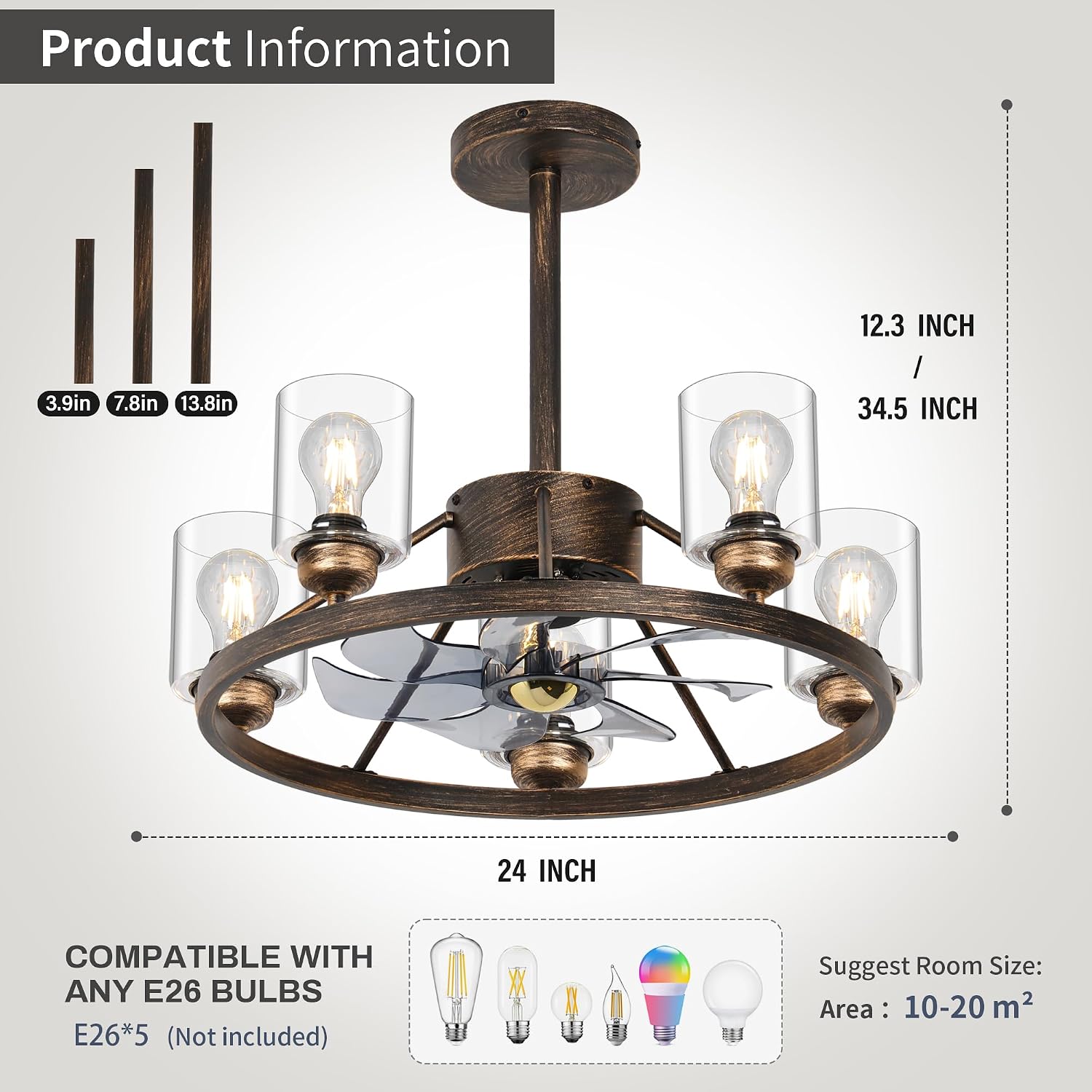 24' Ceiling Fans with Lights Wagon Wheel Chandelier, Farmhouse Fandelier Classical Black Fans with Glass Lampshade Light Fixture, 6 Speed, Timing, Adjustable Height for Dining Room Living Room