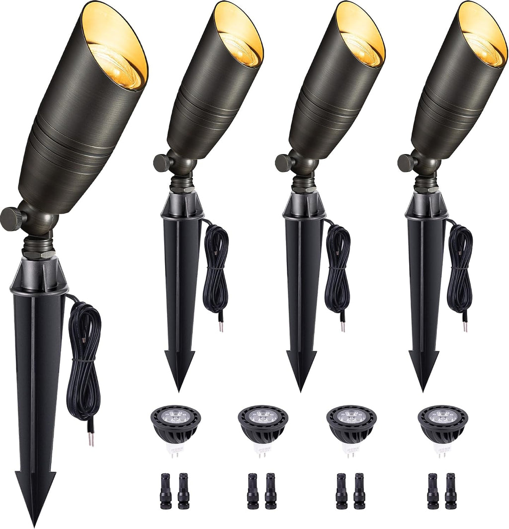 Gardenreet Brass Landscape Lighting - Low Voltage Spotlights Outdoor LED, 12V Wired Uplights, Waterproof Spot Lights, Bronze for Outside Trees with 5W 4000K Natural White MR16 Bulb (4 Pack)
