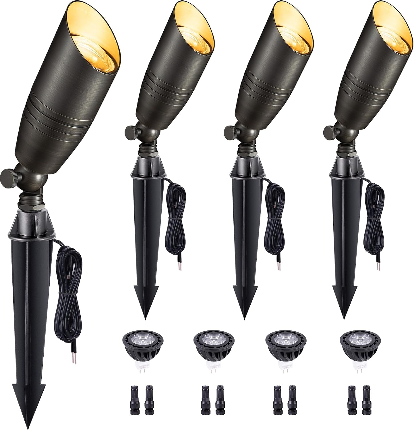 Gardenreet Brass Landscape Lighting - Low Voltage Spotlights Outdoor LED, 12V Wired Uplights, Waterproof Spot Lights, Bronze for Outside Trees with 5W 4000K Natural White MR16 Bulb (4 Pack)
