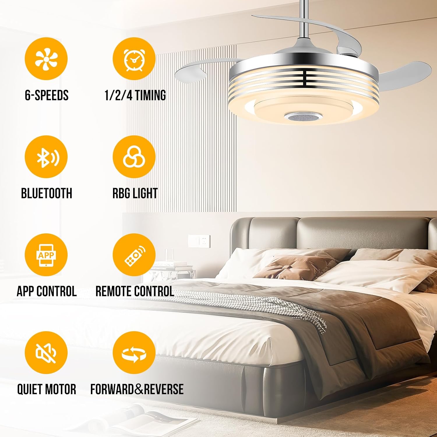 48 Inch Fandelier Ceiling Fan with Light and APP/Remote,Bluetooth RGB Ceiling Fan with Music Speaker,3 Retractable Blades 6 Speed Chandelier Fan for Bedroom Living Room Dining Room