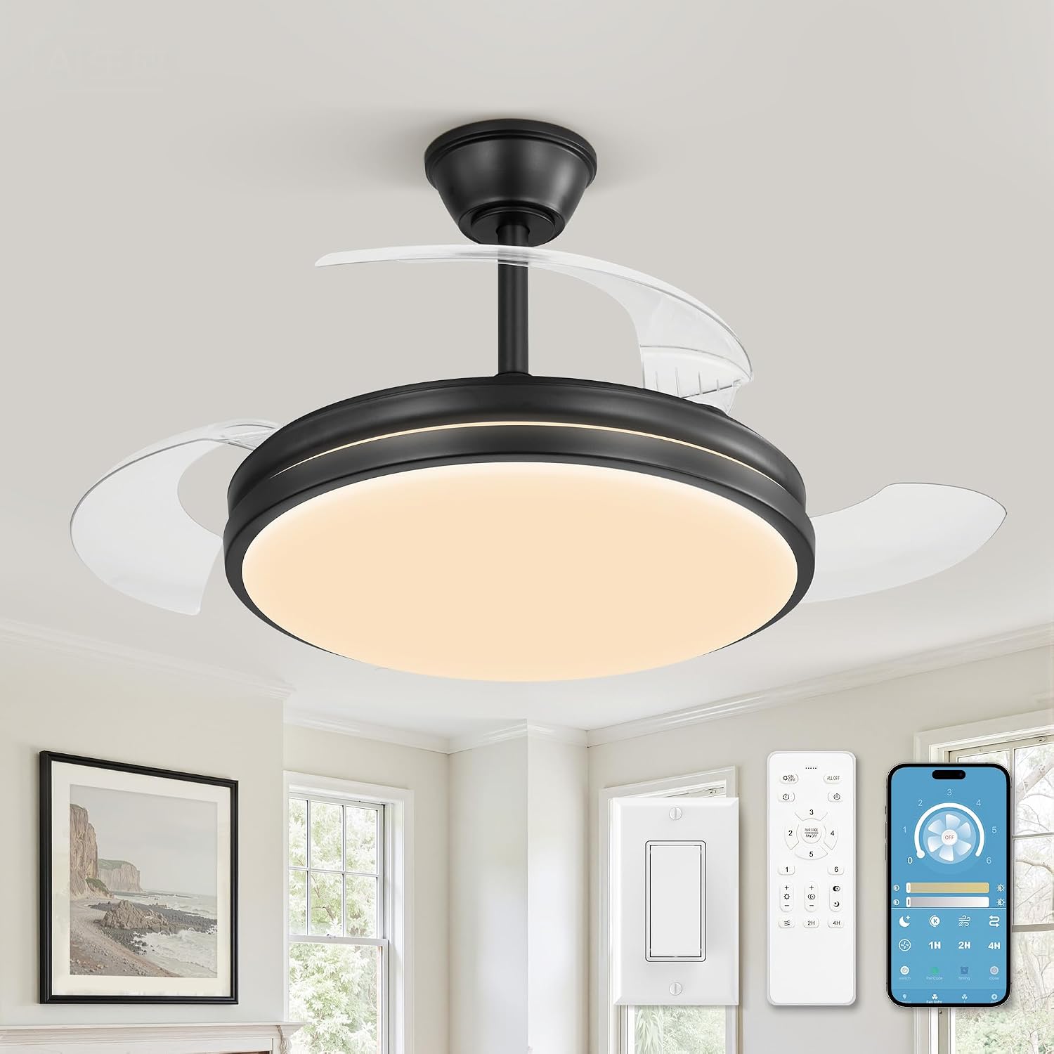 LEDIARY Retractable Ceiling Fan with Lights and Remote & APP Control, 42 Inch Fandelier Ceiling Fan with Light, 6 Speed Dimmable Reversible Memory, Modern Silent Smart Fan for Bedroom Living Room