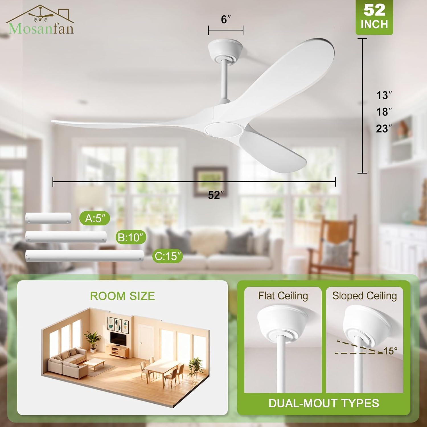 52 Inch Ceiling Fans with Lights and Remote, Wood Outdoor Ceiling Fan with 6 Speed Noiseless DC Motor, Indoor Modern 3 Blade Propeller Ceiling Fan for Bedroom Living Room Gazebo Patio (White)