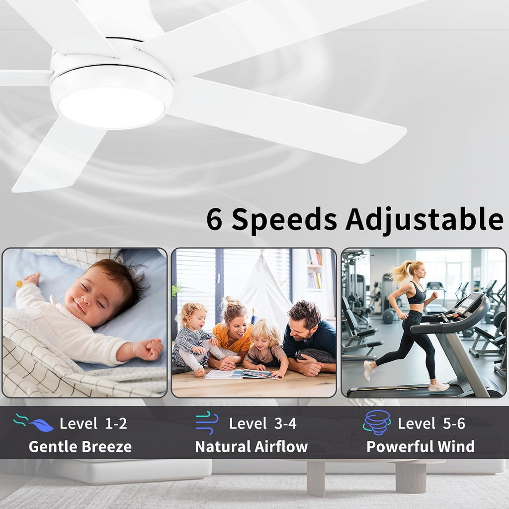 POCHFAN 52 Inch White Ceiling Fans with Lights and Remote,LED Low Profile Flush Mount Ceiling Fan for Bedroom,Living Room, with Quiet DC Motor,Dimmable 6 Speeds