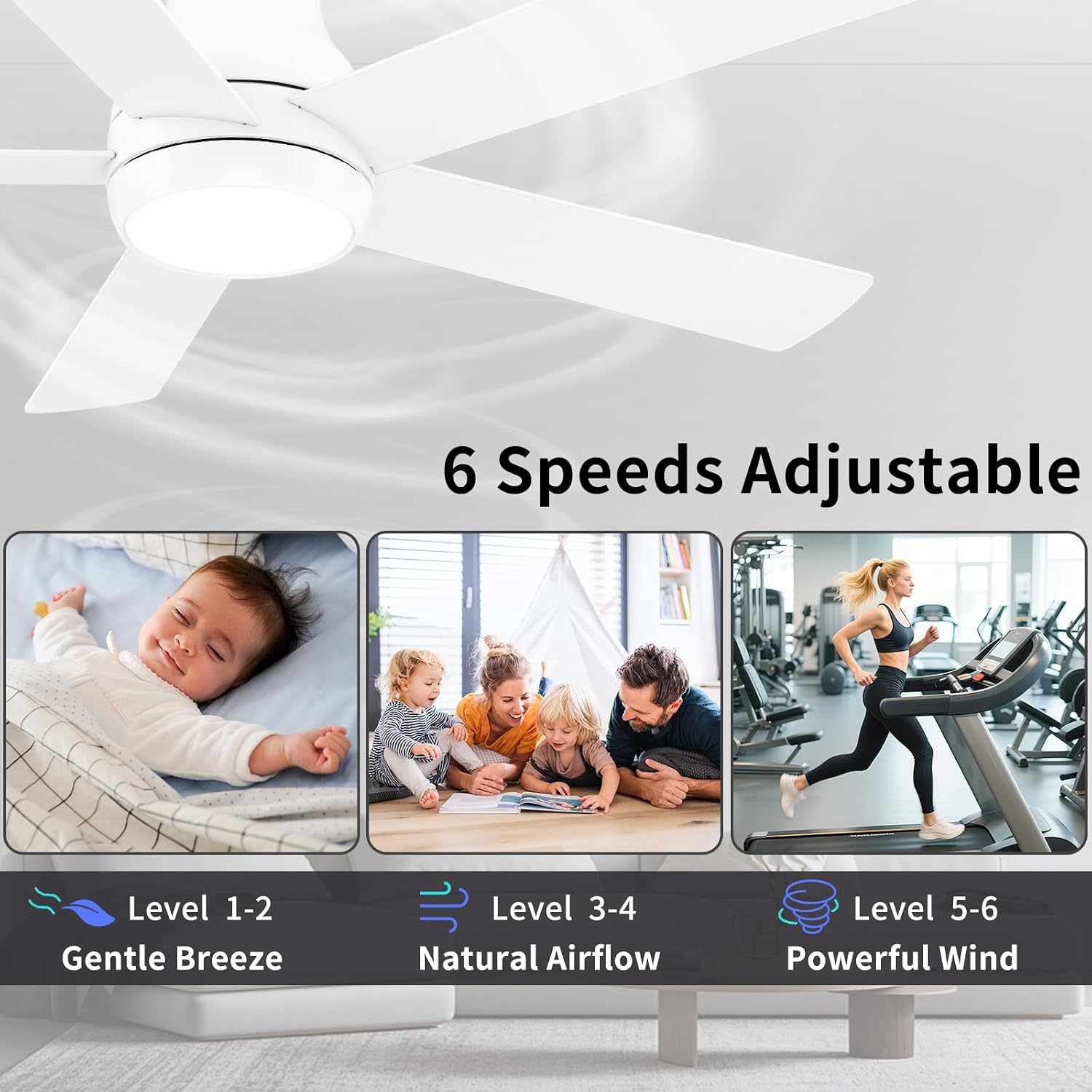 POCHFAN 52 Inch White Ceiling Fans with Lights and Remote,LED Low Profile Flush Mount Ceiling Fan for Bedroom,Living Room, with Quiet DC Motor,Dimmable 6 Speeds