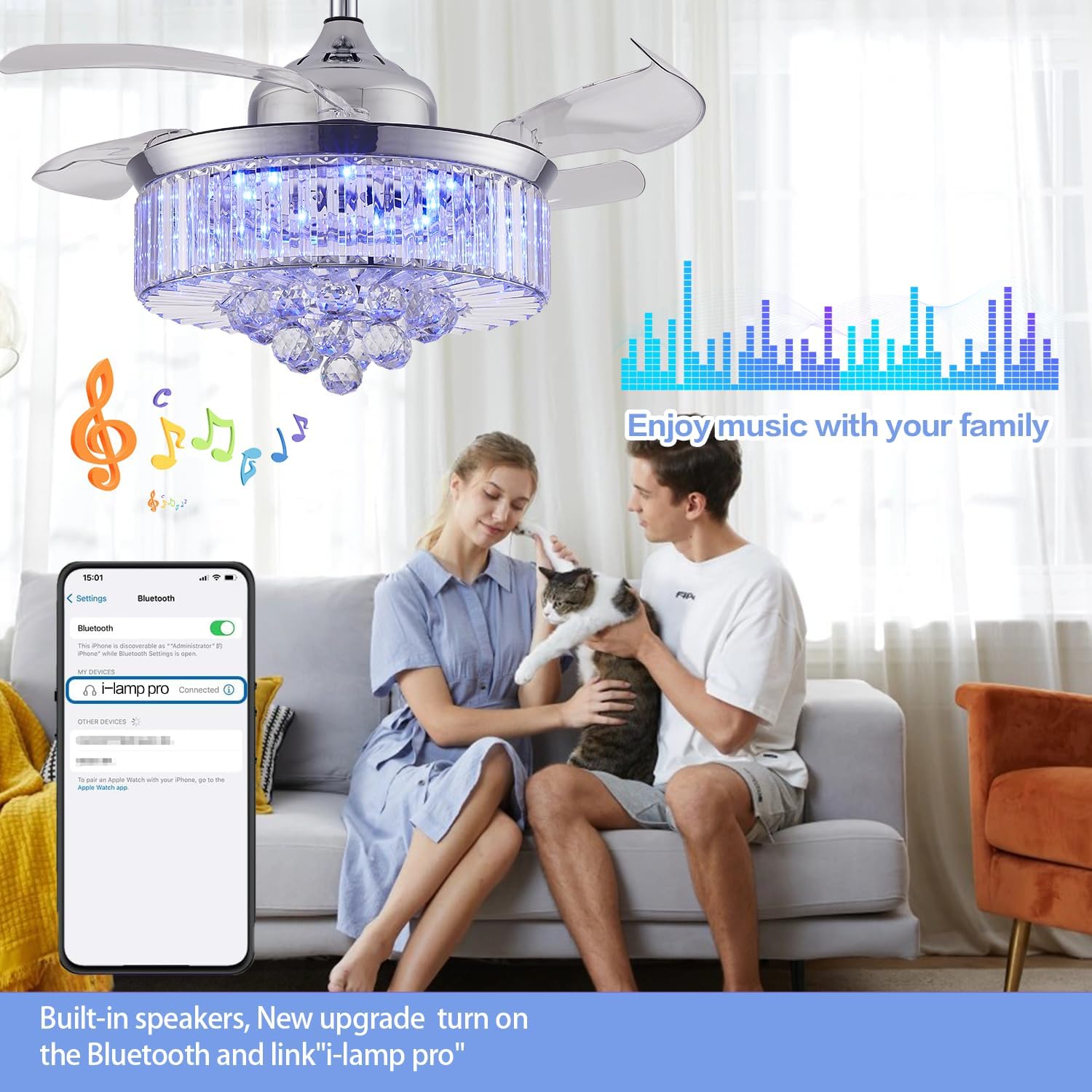 42' RGB Bluetooth Fandelier Ceiling Fan,Crystal LED Chandelier, Retractable Blades 6-Speed Music Player Remote APP Control Silver