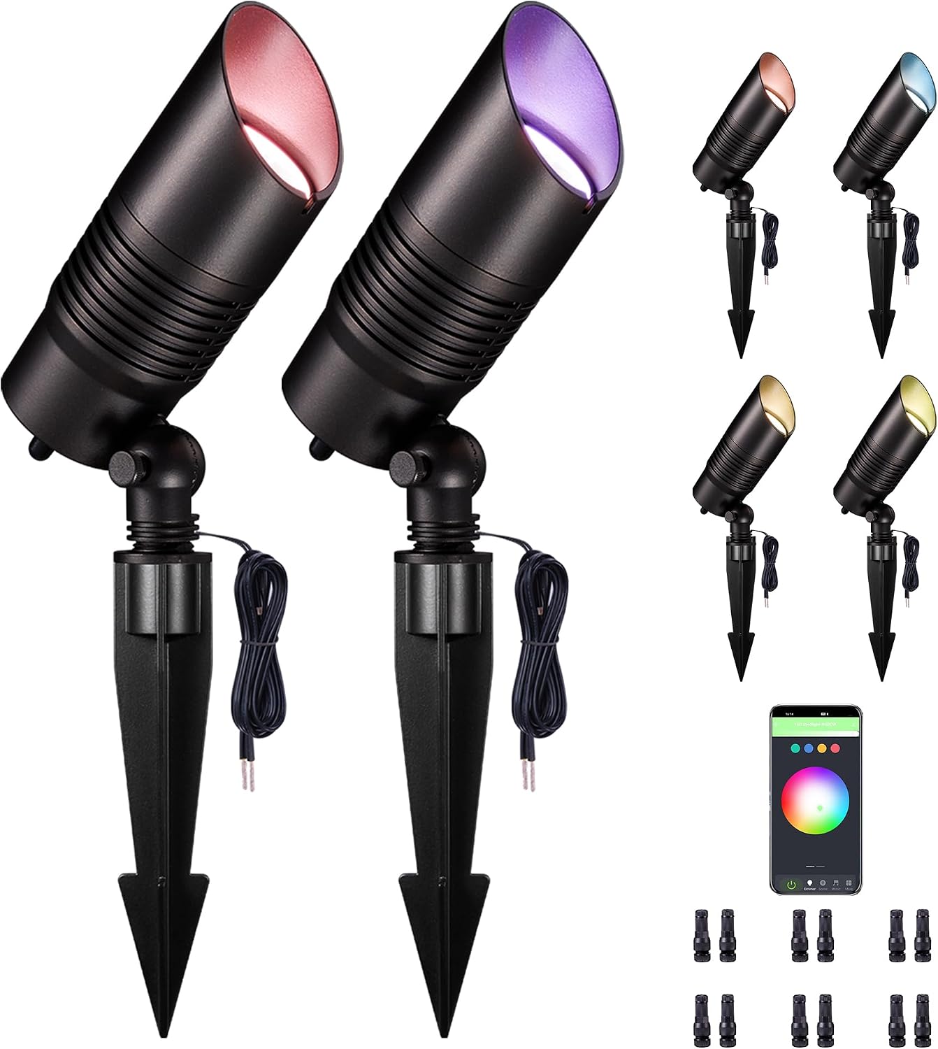 Smart Landscape Spotlight Outdoor - Multicolor LED Low Voltage Spot Lights with App, 12V Wired Uplights IP65 Waterproof, 5W 250LM Aluminum Black for Garden Patio Wall 6 Pack