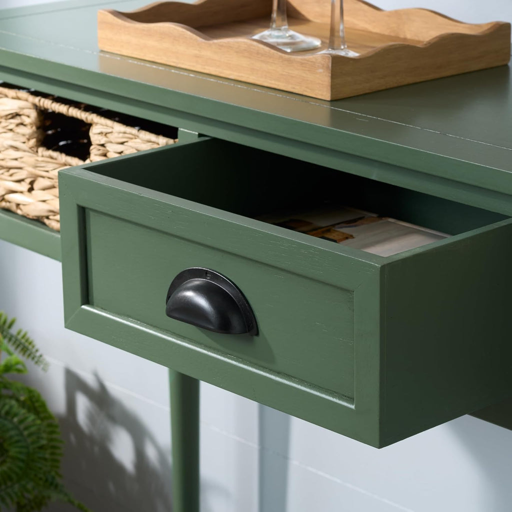 SAFAVIEH Home Collection - Christa Entryway Console Table, Dusty Green Solid Wood 3-Drawer Storage Sofa Table with Rattan Baskets (AMH5737J)