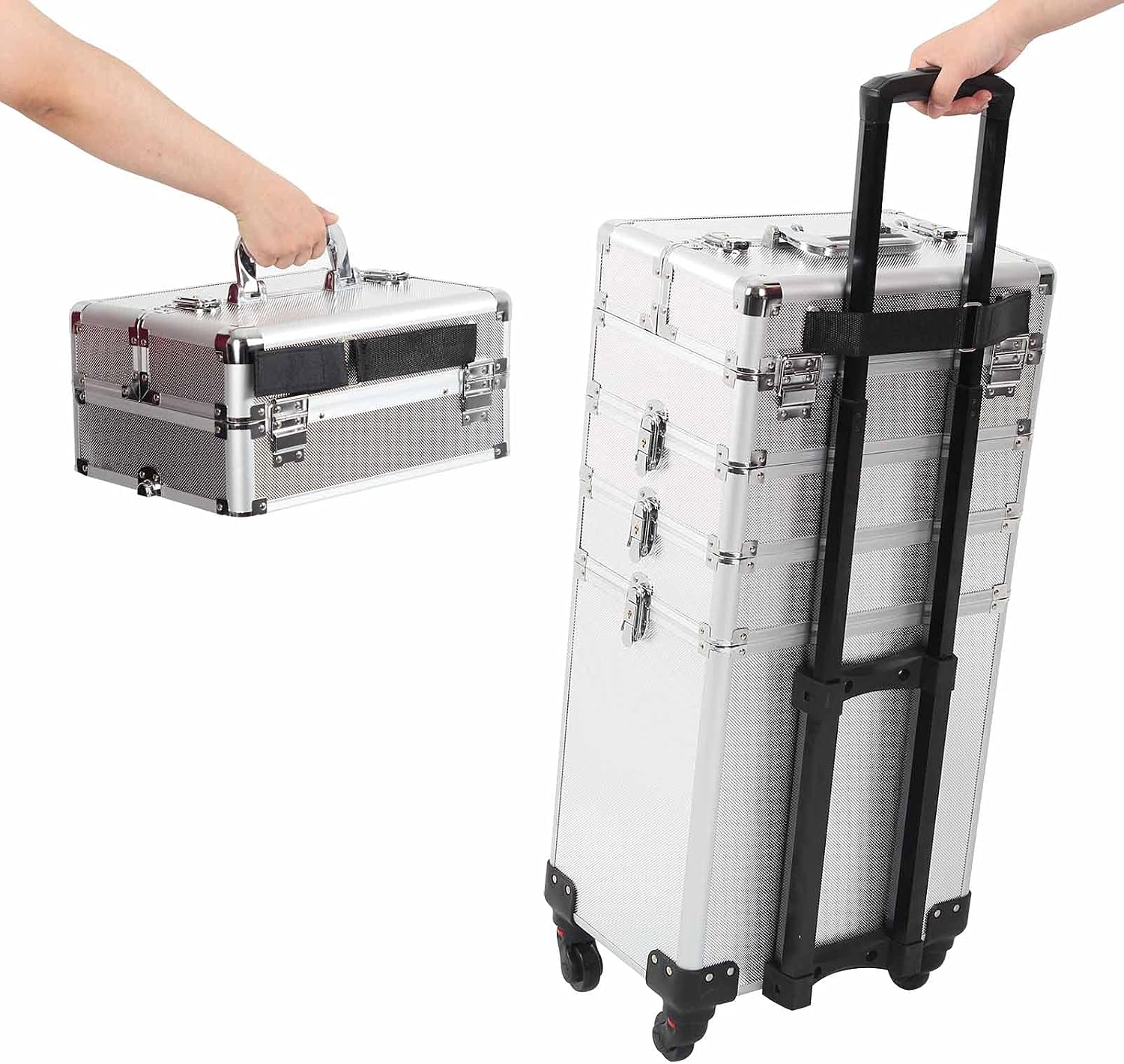 4 in 1 Rolling Makeup Train Case, Large Storage Cosmetic Trolley Makeup Travel Case with Key & Wheels Salon Barber Case Traveling Cart Trunk (SILVER)
