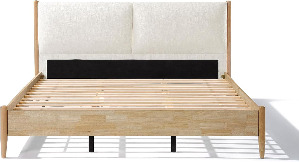 Christopher Knight Home Raven Modern King Size Bed Frame with Upholstered Headboard, Natural Wood King Size Platform Bed Frame and Headboard, No Box Spring Needed, Easy Assembly, White+Natural
